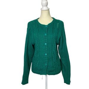 Vintage 90's Susan Bristol Wool Blend Green Cable Knit Cardigan Women's Size M